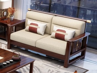  新中式 进口实木沙发  自然清晰实木纹理 透气亲肤棉麻布 镂空靠背扶手 金色装饰线条 双人位沙发