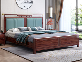  新中式  高品级进口乌金木 细腻柔韧仿真皮 舒适高弹高密度海绵 五金装饰 1.8*2.0米 实木床（搭配静音床板条）