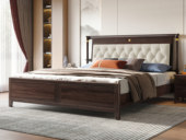 檀雅居 新中式  高品级进口乌金木 细腻舒适仿真皮 匀称深拉点不易跑位 柔软高弹海绵舒适承托 乌金色 1.8*2.0米 实木床（搭配静音床板条）