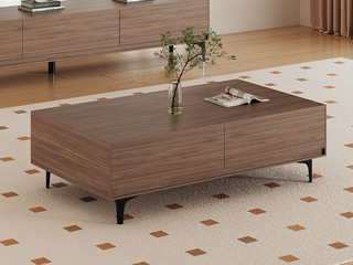  极简风格 方正简约外形 优雅胡桃色饰面 多抽屉大容量储物 精细分区收纳 宽敞置物台面 1.3米茶几