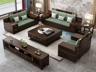  新中式实木沙发 甄选进口金丝檀+乌金木 典雅官帽设计 实木储物扶手 柔软舒适猫抓皮  乌金色 组合沙发 单人位+双人位+三人位（抱枕花色随机）