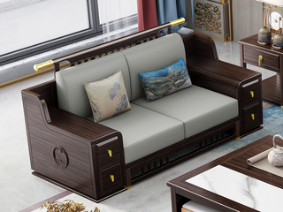  新中式实木沙发 甄选进口金丝檀+乌金木 典雅官帽+落日山水雕刻装饰 亲肤舒适猫抓皮 乌金色 双人位沙发（抱枕花色随机）