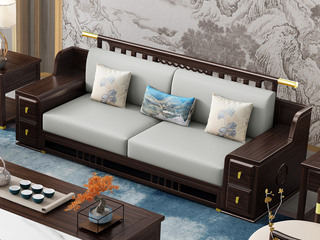  新中式实木沙发 甄选进口金丝檀+乌金木 典雅官帽+落日山水雕刻装饰 亲肤舒适猫抓皮 乌金色 三人位沙发（抱枕花色随机）