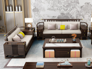  新中式实木沙发 甄选进口金丝檀+乌金木 典雅官帽+镂空鱼鳞纹设计 搭配耐磨猫抓皮软包   乌金色 组合沙发 双人位+三人位（抱枕花色随机）