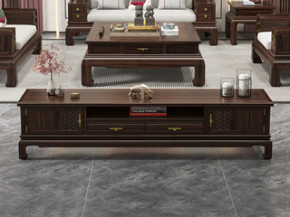  新中式 高品级金丝檀木+进口乌金木 多元化开放格储物+抽屉 鱼鳞纹装饰点缀 乌金色 2.2米 电视柜