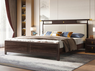  新中式  高品级进口乌金木 细腻柔韧仿真皮 柔软高弹海绵舒适承托 白色 1.5*2.0米 实木床（搭配静音床板条）