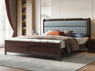  新中式  高品级进口乌金木 透气耐磨仿真皮 竖条拉线高弹靠包 五金装饰 蓝色 1.5*2.0米 实木床（搭配静音床板条）