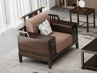  新中式 传家之选 进口乌金木+猫抓皮+高密度回弹海绵 多功能储物 乌金色 单人位沙发（抱枕随机发货）