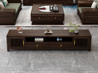  新中式 高品级金丝檀木+进口乌金木 多元化开放格储物+抽屉 格栅装饰柜门 乌金色 2.0米 电视柜