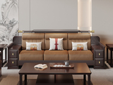 檀雅居 新中式实木沙发 甄选进口金丝檀+乌金木 设计感拼花纹理金线装饰 实木储物扶手 柔软舒适猫抓皮  乌金色 三人位沙发（抱枕花色随机）