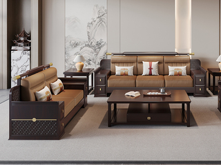  新中式实木沙发 甄选进口金丝檀+乌金木 设计感拼花纹理金线装饰 实木储物扶手 柔软舒适猫抓皮  乌金色 组合沙发 双人位+三人位（抱枕花色随机）