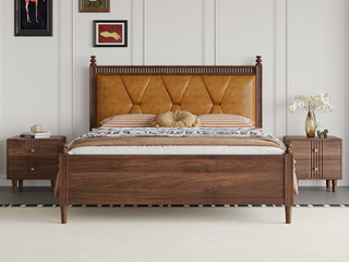  中古风 进口红斑马 高质细腻油腊仿真皮 别致沙漏装饰软包造型 高弹饱满海绵 1.5*2.0米 实木床（搭配满铺油漆床板）