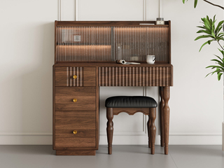  中古风 进口红斑马 质感柔润纹理自然 小户型首选 复古优雅线条 多元置物展示空间 妆台（含妆凳）