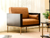 汉森庄园 英伦风 进口实木微雕工艺 设计感深浅光影变化 细腻柔韧油蜡仿真皮 Q弹饱满高密度海绵 阿尔贝托雕塑金属高脚 单人位沙发