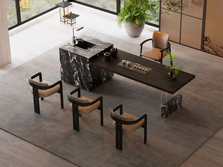  新中式 山隐茶台 开放黑加厚实木台面 内嵌墨灰石茶盘 宝格丽黑岩板包裹储物柜 可伸缩水龙头+洗杯器 全自动智能抽水茶艺炉 3.0米茶台（超大件商品，请确认能否进入电梯或楼道）