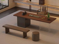 一方茶居 意式极简 悠然茶桌 胡桃色加厚实木台面 钢琴烤漆储物柜 水波纹亚克力脚架 全自动智能抽水茶艺炉 2.4米实木茶台（桌面为整体，下单前需确认电梯和楼梯尺寸）