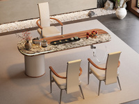 一方茶居 现代轻奢 皓月茶桌 天山暮雪奢石面板 马鞍皮饰面+乌金木脚架储物柜 蝴蝶形亚克力脚架 全自动智能隐藏式茶艺炉 2.4米茶台（天然石材，纹理随机）（超大件商品，请确认能否进入电梯或楼道）