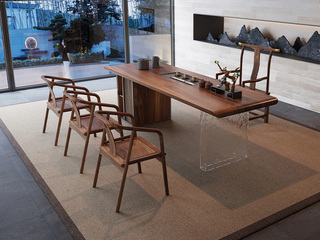  新中式行远茶桌 进口胡桃木大板台面 乌金石茶盘+星空黑岩板 全自动智能隐藏式养生炉 宋式 2.4米茶台（实木纹理自然生成 每一块木材纹理、颜色天然独一无二）