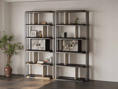 一方茶居 意式极简 不锈钢黑钛拉丝架+天然石皮   博古架 （双柜）