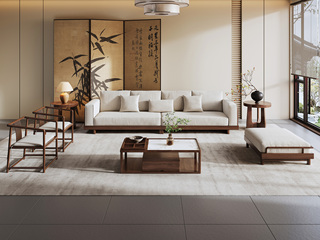  宋式美学 云雅沙发 高品级北美进口白蜡木 舒适透气棉麻布 坐深宽敞肆意躺卧 舒适靠背云感高弹座包 胡桃色 组合沙发 四人位+脚踏+休闲椅*2