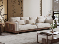 忆宋风华 宋式美学 云雅沙发 高品级北美进口白蜡木 舒适透气棉麻布 坐深宽敞肆意躺卧 舒适靠背云感高弹座包 胡桃色 四人位沙发
