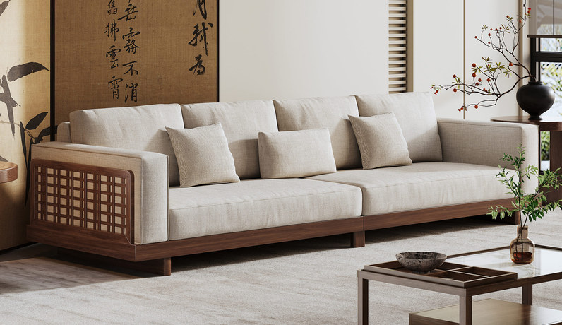 忆宋风华 宋式美学 云雅沙发 高品级北美进口白蜡木 透气棉麻布 雅致镂空格栅设计 胡桃色 四人位沙发