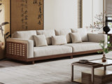 忆宋风华 宋式美学 云雅沙发 高品级北美进口白蜡木 透气棉麻布 雅致镂空格栅设计 胡桃色 四人位沙发