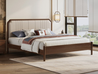 忆宋风华 宋式美学 如意床 高品级北美进口白蜡木 细腻顺滑仿真皮 高屏床头优雅大气 稳固结实实木腿 胡桃色 1.5*2.0米卧室双人床（搭配松木床板条）