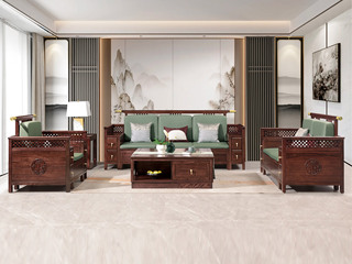  新中式 进口乌金木 纹理自然温润 亲肤透气棉麻布 镂空雕刻纹样扶手 围边防掉落 黑檀色 组合沙发 单人位+双人位+三人位（抱枕花色随机）