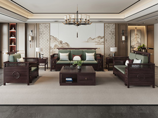  新中式 进口乌金木 纹理自然温润 亲肤透气棉麻布 镂空雕刻纹样扶手 围边防掉落 黑檀色 组合沙发 单人位+双人位+三人位（抱枕花色随机）