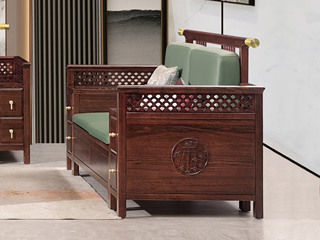  新中式 进口乌金木 纹理自然温润 亲肤透气棉麻布 镂空雕刻纹样扶手 围边防掉落 黑檀色 双人位沙发（抱枕花色随机）