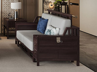 檀影轩 新中式 进口乌金木 纹理自然温润 亲肤透气棉麻布 “浮雕+嵌铜”装饰纹理 立体层次 五金铜套点缀 黑檀色 双人位沙发（抱枕花色随机）