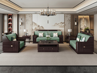  新中式 进口乌金木 纹理自然温润 舒适耐磨仿真皮 艺术几何回旋纹样 高弹饱满海绵 黑檀色 组合沙发 单人位+双人位+三人位（抱枕花色随机）