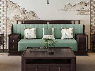  新中式 进口乌金木 纹理自然温润 舒适耐磨仿真皮 艺术几何回旋纹样 高弹饱满海绵 黑檀色 三人位沙发（抱枕花色随机）