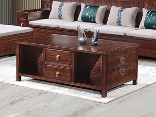  新中式 进口乌金木 纹理自然温润 开放式置物台+双抽 多元大容量储物 祥云纹理装饰 黑檀色 1.48米 茶几