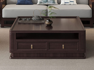  新中式 进口乌金木 纹理自然温润 宽阔大板桌面 开放式置物台+双抽 多元大容量储物 黑檀色 1.2米 茶几