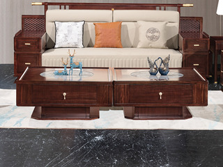  新中式 进口乌金木 纹理自然温润 细腻柔滑岩板 立体竖线纹理装饰板 精致金色拉手造型 黑檀色 2.0米 茶几（茶几组合）