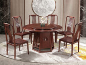 檀影轩 新中式 进口乌金木 纹理自然温润 传统鱼鳞纹镂空雕花工艺 格栅设计 黑檀色 1.5米 餐桌（搭配90公分转盘）