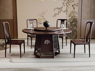  新中式 进口乌金木 纹理自然温润 传统鱼鳞纹镂空雕花工艺 格栅设计 黑檀色 1.6米 餐桌（搭配90公分转盘）