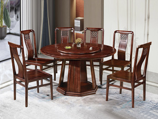  新中式 进口乌金木 纹理自然温润 八角腿稳固结实 立体竖纹设计 黑檀色 1.35米 餐桌（搭配80公分转盘）