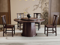 檀影轩 新中式 进口乌金木 纹理自然温润 圆柱型桌腿厚重沉稳 黑檀色 1.5米 餐桌（搭配90公分转盘）