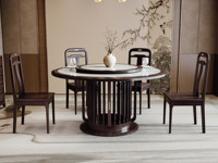 檀影轩 新中式 进口乌金木 纹理自然温润 细腻柔滑岩板 独特镂空竖线桌腿 五金装饰点缀 黑檀色 1.5米 餐桌（搭配90公分转盘）