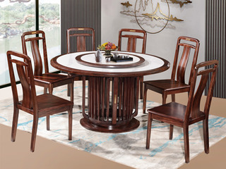  新中式 进口乌金木 纹理自然温润 细腻柔滑岩板 独特镂空竖线桌腿 五金装饰点缀 黑檀色 1.8米 餐桌（搭配120公分转盘）