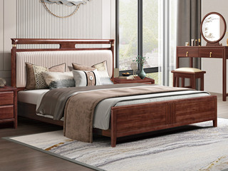  新中式 进口乌金木 纹理自然温润 细腻柔韧仿真皮 竖线条纹装饰 柔软高弹海绵 精致铜套点缀 1.5*2.0米 实木床（搭配松木床板条）