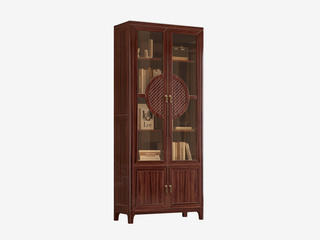  新中式 进口乌金木 纹理自然温润 传统鱼鳞纹雕花工艺半圆柜门 通透玻璃展示层 两门书柜