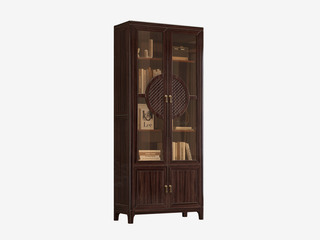  新中式 进口乌金木 纹理自然温润 传统鱼鳞纹雕花工艺半圆柜门 通透玻璃展示层 两门书柜
