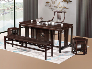  新中式 进口乌金木 纹理自然温润 传统鱼鳞纹镂空雕花工艺 竖线格栅装饰实木腿 1.8米 茶台