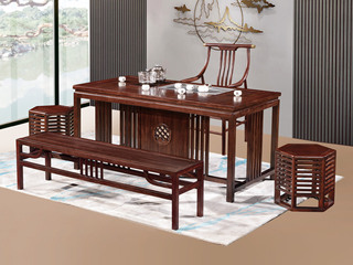  新中式 进口乌金木 纹理自然温润 传统鱼鳞纹镂空雕花工艺 竖线格栅装饰实木腿 2.0米 茶台