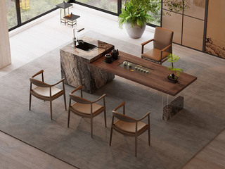  新中式 山隐茶台 深胡桃加厚实木台面 内嵌墨灰石茶盘 威尼斯棕岩板包裹储物柜 可伸缩水龙头+洗杯器 全自动智能抽水茶艺炉 3.0米茶台（超大件商品，请确认能否进入电梯或楼道）