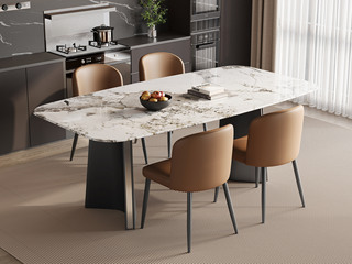  极简风格 质地晶莹潘多拉大理石 防磕碰马肚造型台面 独特双C折角造型 灰钛拉丝不锈钢桌腿 1.4米 餐桌
